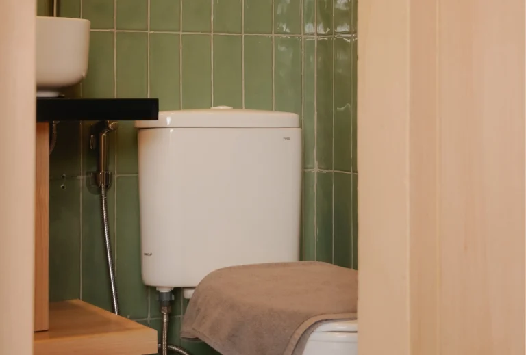A close-up of a stylish bathroom featuring green tiles, a modern toilet, and a minimalistic design. The clean and contemporary look enhances the bathroom's serene ambiance.