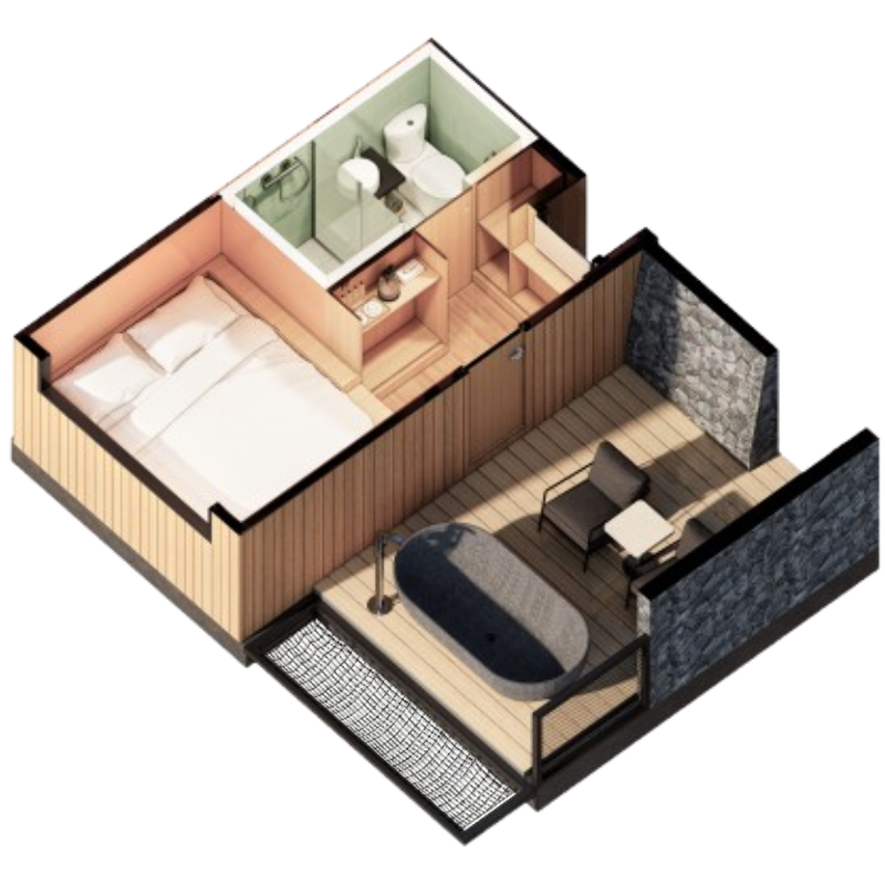 A layout of the deluxe cabin showing a cozy bedroom, bathroom, and a private outdoor area with a bathtub.